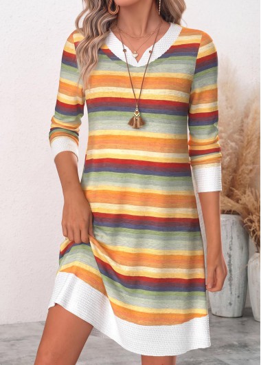 women clothes image of Multi Color Striped Short Fake 2in1 Long Sleeve Dress
