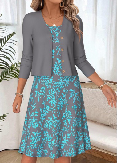 women clothes image of Light Grey Leaf Print Two-piece Dress and Cardigan