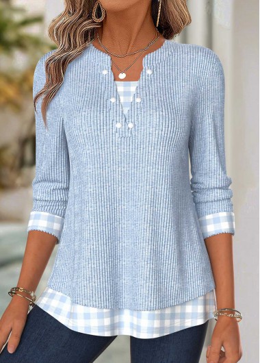 women clothes image of Blue Gingham Print Patchwork Long Sleeve T Shirt