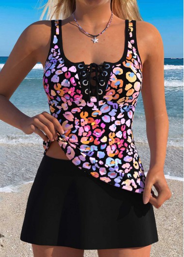 women clothes image of Black Mid Waisted Lace Up Leopard Tankini Set