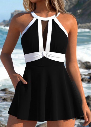 women clothes image of Black Patchwork Tummy Coverage One Piece Swimdress