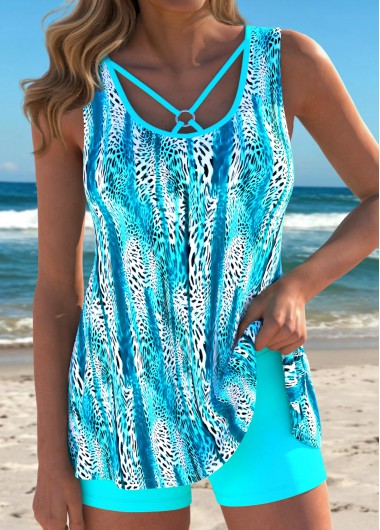 women clothes image of Cyan Mid Waisted Criss Cross Leopard Tankini Set