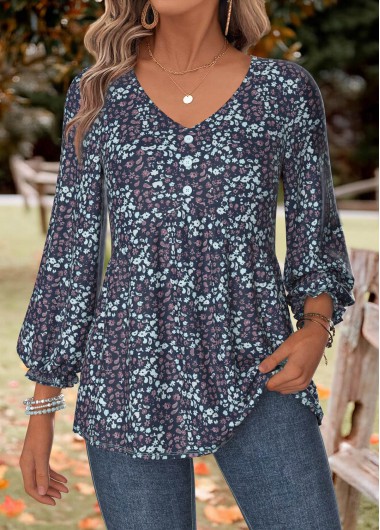 women clothes image of Dark Blue Ditsy Floral Print Shirred 3/4 Sleeve Blouse