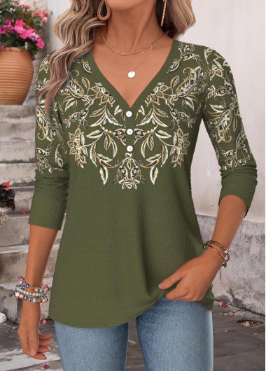 women clothes image of Green Floral Print Curved Hem Long Sleeve T Shirt