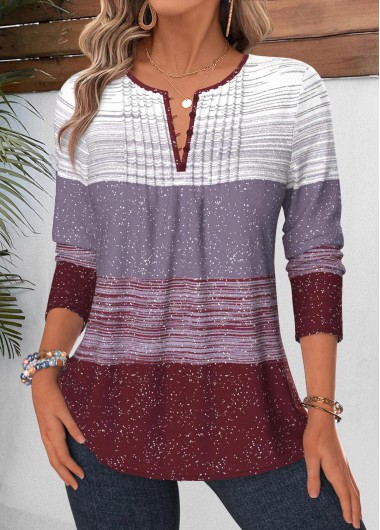 women clothes image of Multi Color Geometric Print Tuck Stitch Long Sleeve Blouse