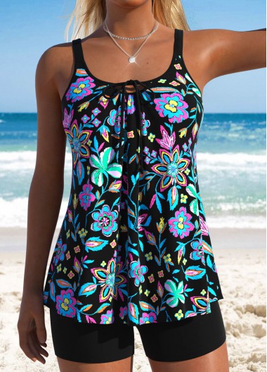 women clothes image of Black Mid Waisted Lace Up Floral Print Tankini Set