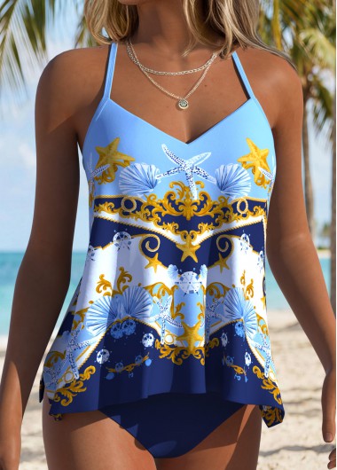 women clothes image of Blue Mid Waisted Layered Marine Life Print Tankini Set