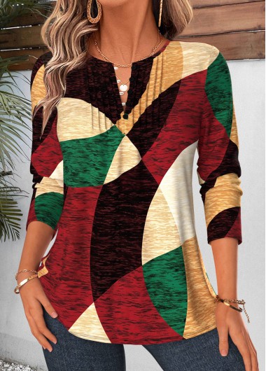women clothes image of Multi Color Geometric Print Tuck Stitch T Shirt