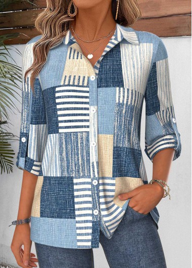 women clothes image of Denim Blue Geometric Print Tummy Coverage 3/4 Sleeve Shirt