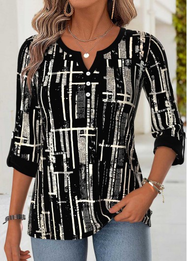 women clothes image of Black Geometric Print Curved Hem 3/4 Sleeve Blouse