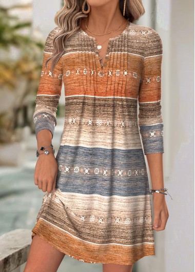 women clothes image of Multi Color Striped Short Tuck Stitch Long Sleeve Dress