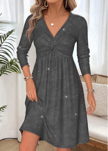 women clothes image of Dark Grey Short Twist Long Sleeve V Neck Dress