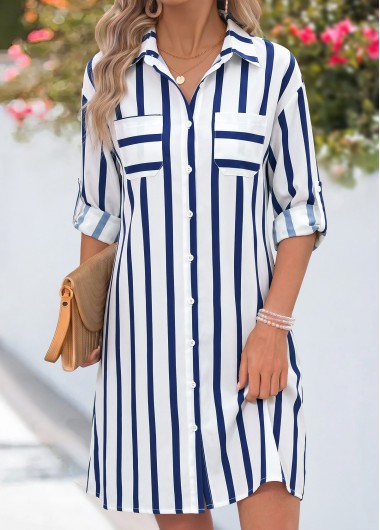 women clothes image of Blue Striped Short Patch Pocket Long Sleeve Dress