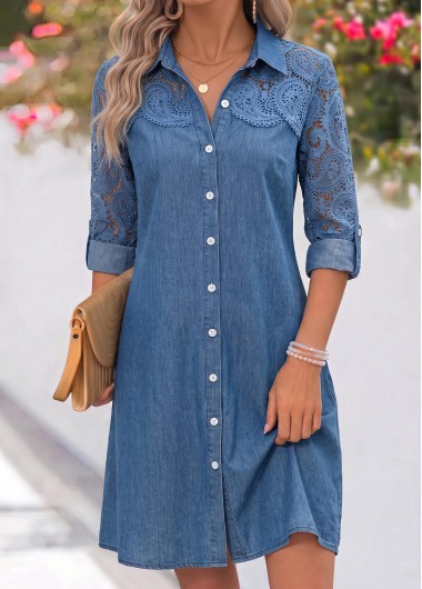 women clothes image of Denim Blue Short Patchwork Long Sleeve Shirt Collar Dress