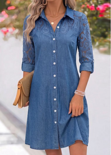 women clothes image of Denim Blue Short Patchwork Long Sleeve Shirt Collar Dress