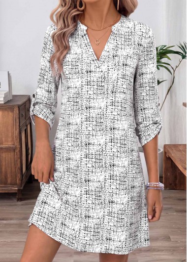 women clothes image of White Geometric Print Short Tummy Coverage Long Sleeve Dress