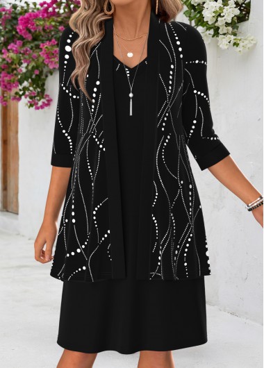 women clothes image of Black Geometric Print Tummy Coverage Dress and Cardigan