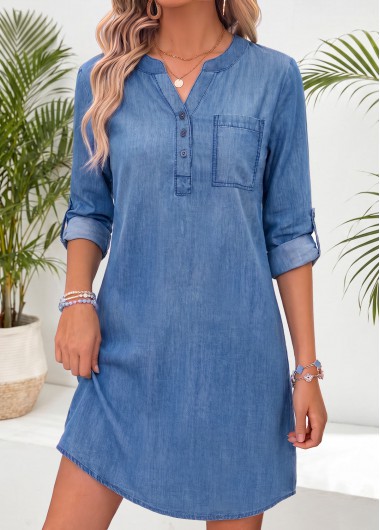 women clothes image of Denim Blue Short Patch Pocket Long Sleeve Dress