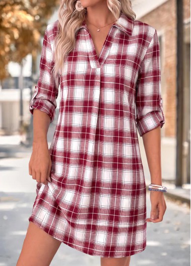 women clothes image of Red Plaid Short Tummy Coverage Long Sleeve Dress