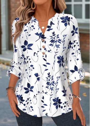 women clothes image of Blue Floral Print Curved Hem Long Sleeve Shirt