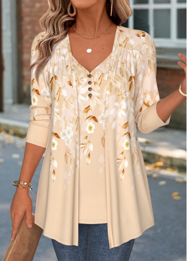 women clothes image of Champagne Floral Print Long Sleeve Fake Two Piece Twinset