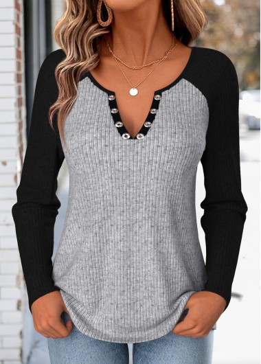 women clothes image of Multi Color Eyelet Long Sleeve Split Neck T Shirt