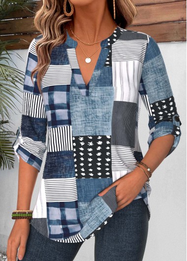 women clothes image of Denim Blue Geometric Print Curved Hem 3/4 Sleeve Shirt