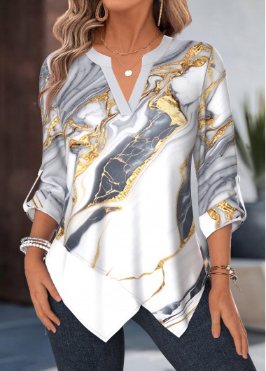 women clothes image of White Marble Print Handkerchief Hem 3/4 Sleeve Blouse
