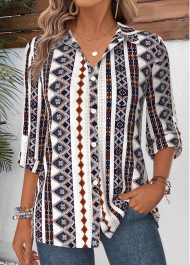 women clothes image of Multi Color Tribal Print Tummy Coverage 3/4 Sleeve Shirt