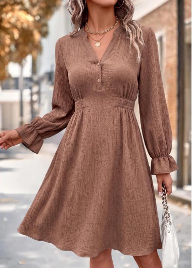 women clothes image of Gray Brown Shirred Long Sleeve Split Neck Dress