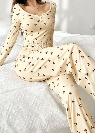 women clothes image of Beige Fruit Printing Long Sleeve Lounge Top and Pants