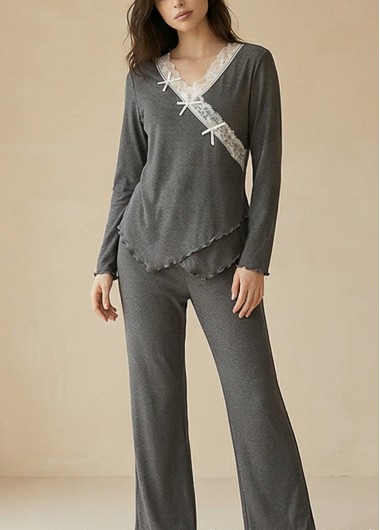 women clothes image of Grey Long Sleeve V Neck Lounge Top and Pants