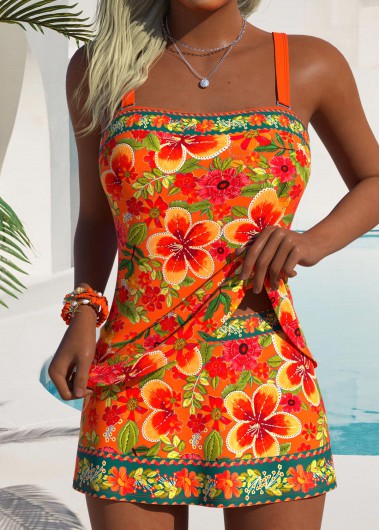 women clothes image of Orange Mid Waisted Floral Print Tankini Set