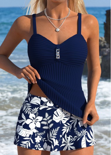 women clothes image of Navy Mid Waisted Two-piece Tropical Plants Print Tankini Set