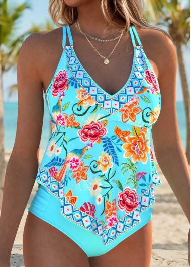 women clothes image of Cyan Mid Waisted Random Floral Print Tankini Set