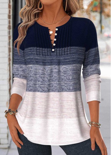women clothes image of Navy Striped Tuck Stitch Long Sleeve T Shirt