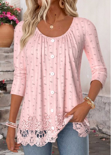women clothes image of Pink Patchwork Long Sleeve Scoop Neck T Shirt