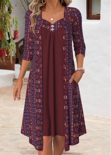 women clothes image of Wine Red Tribal Print Fake 2in1 Long Sleeve Dress