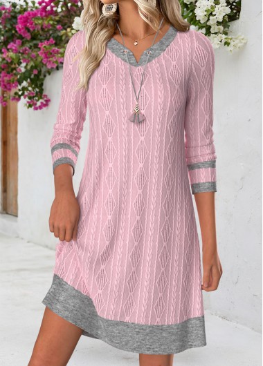 women clothes image of Pink Short Tummy Coverage Long Sleeve V Neck Dress