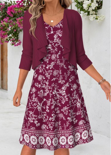 women clothes image of Hot Pink Floral Print Two-piece Long Sleeve Dress