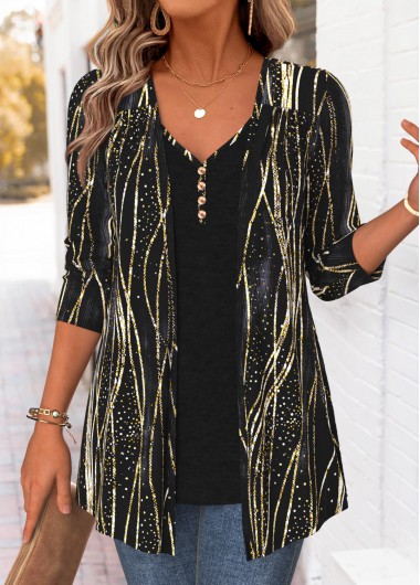 women clothes image of Golden Striped Long Sleeve Fake Two Piece Twinset