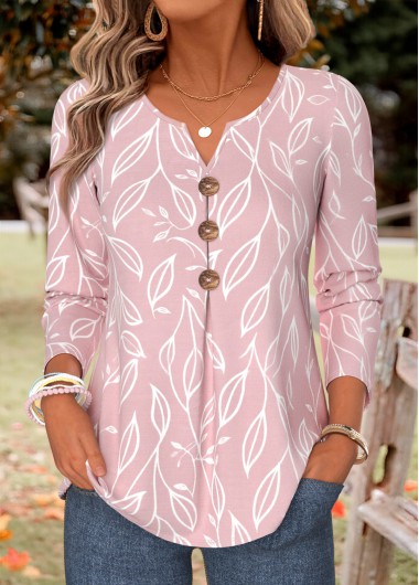 women clothes image of Pink Leaf Print Pleated Long Sleeve Split Neck Blouse