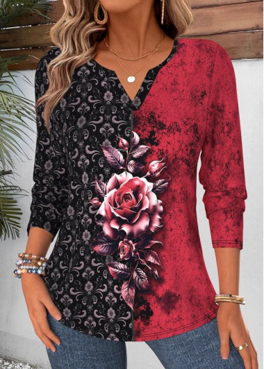 women clothes image of Red Random Floral Print Curved Hem T Shirt