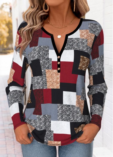 women clothes image of Multi Color Geometric Print Curved Hem T Shirt