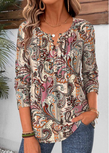 women clothes image of Multi Color Paisley Print Tuck Stitch T Shirt