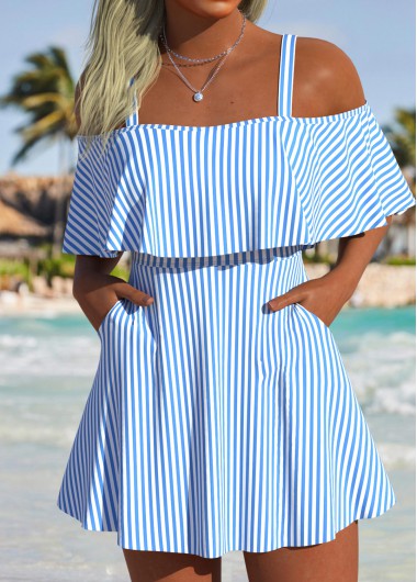 women clothes image of Blue Mid Waisted Pocket Striped Tankini Set