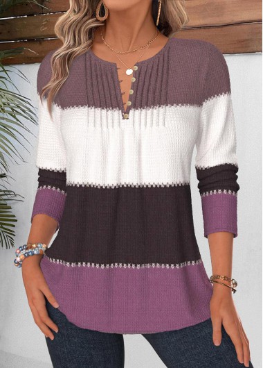 women clothes image of Multi Color Geometric Print Tuck Stitch Long Sleeve Blouse
