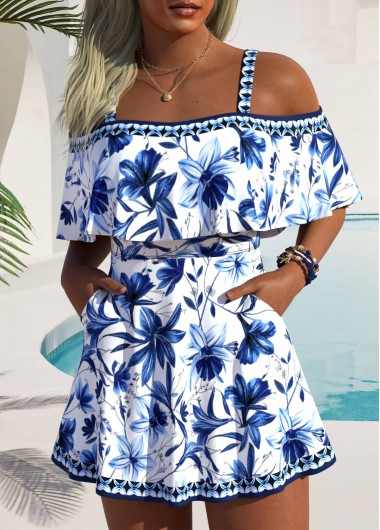 women clothes image of Blue Mid Waisted Pocket Floral Print Tankini Set