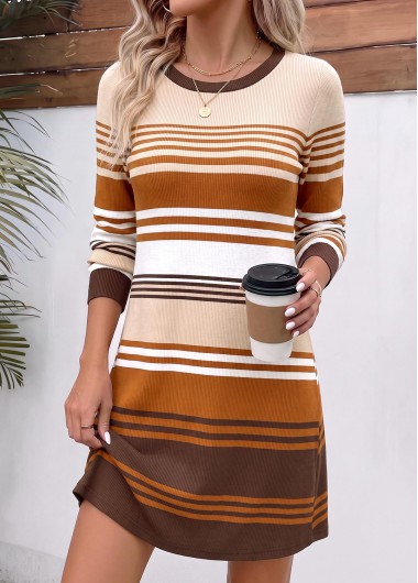 women clothes image of Multi Color Striped Short Tummy Coverage Long Sleeve Dress