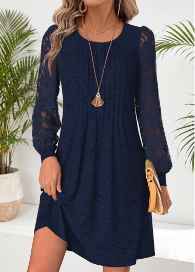 women clothes image of Navy Short Patchwork Long Sleeve Round Neck Dress